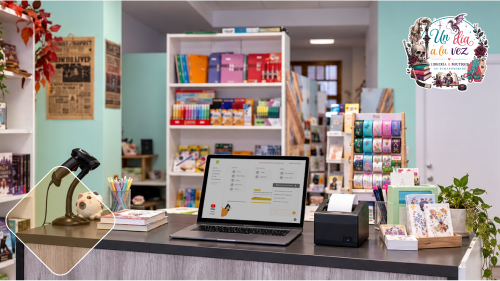 Mostrador de una librería equipado con SigPyme Local, lector de códigos de barras e impresora de tickets