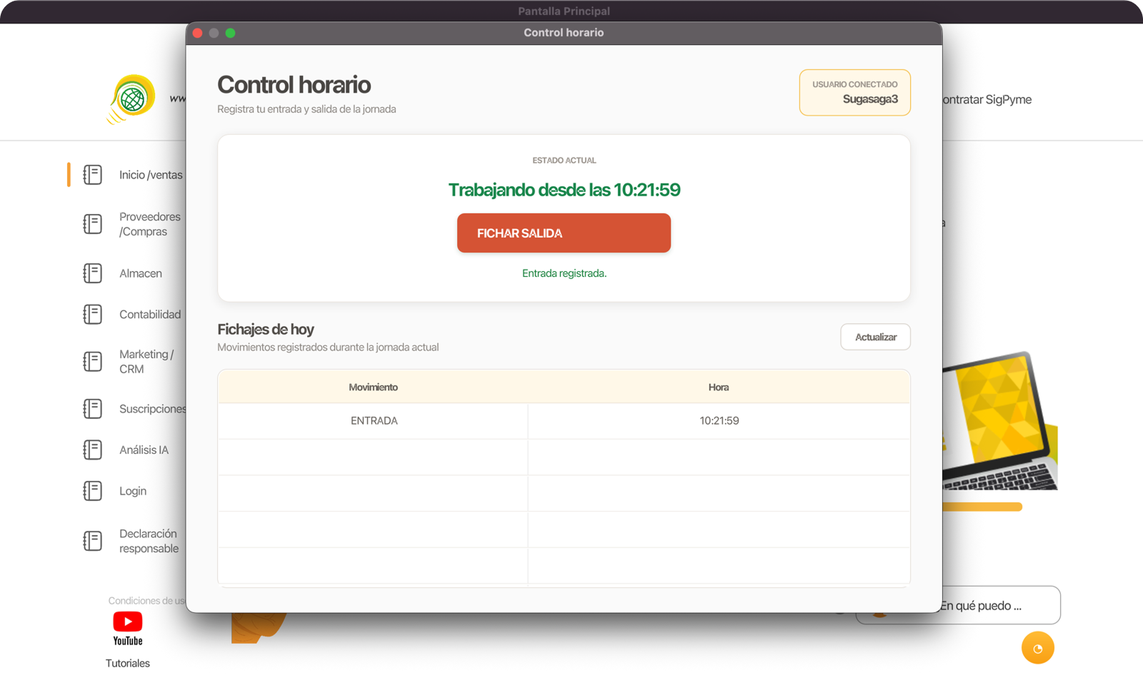 Interfaz de control horario de SigPyme