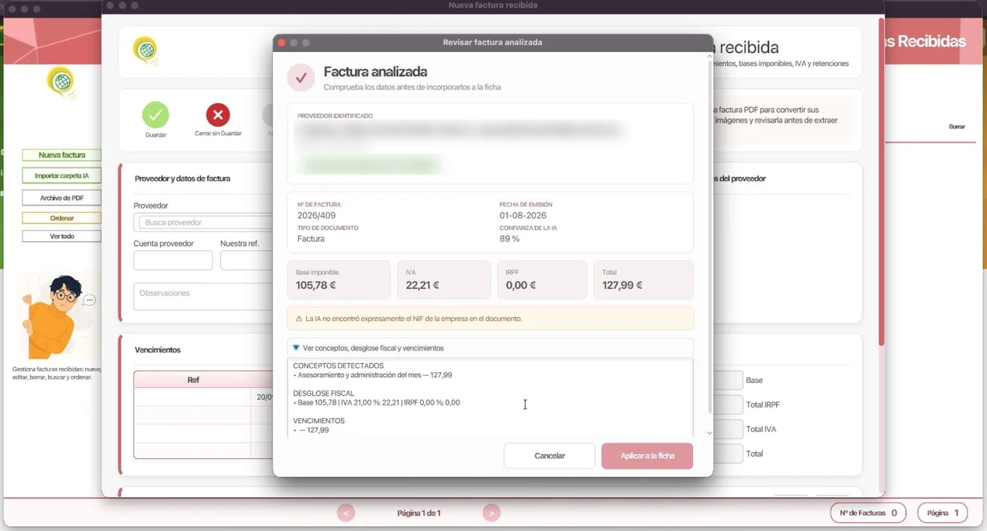 Revisión de una factura recibida digitalizada con el OCR y la IA de Sigpyme